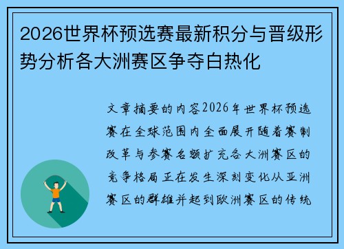 2026世界杯预选赛最新积分与晋级形势分析各大洲赛区争夺白热化